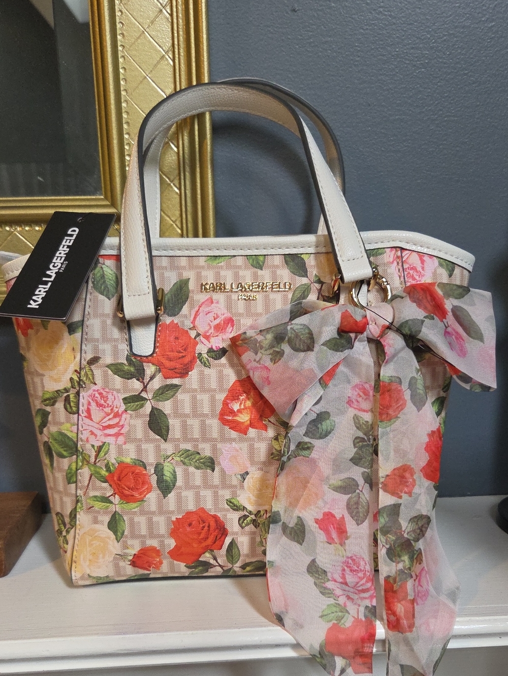 Karl Lagerfeld Cream Crossbody/ Tote with Red and Pink Rose Print and Scarf Bow